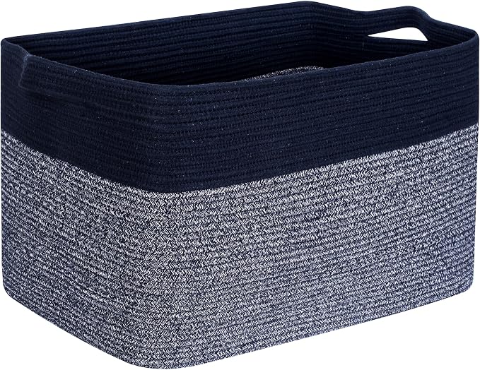 MINTWOOD Design 22in Extra Large Blanket Basket Holder for Living Room, Rectangle Rope Woven Storage Bin with Handles for Laundry, Pool Towels, and Shoes, Dog Toy Box Organizer, Navy Blue