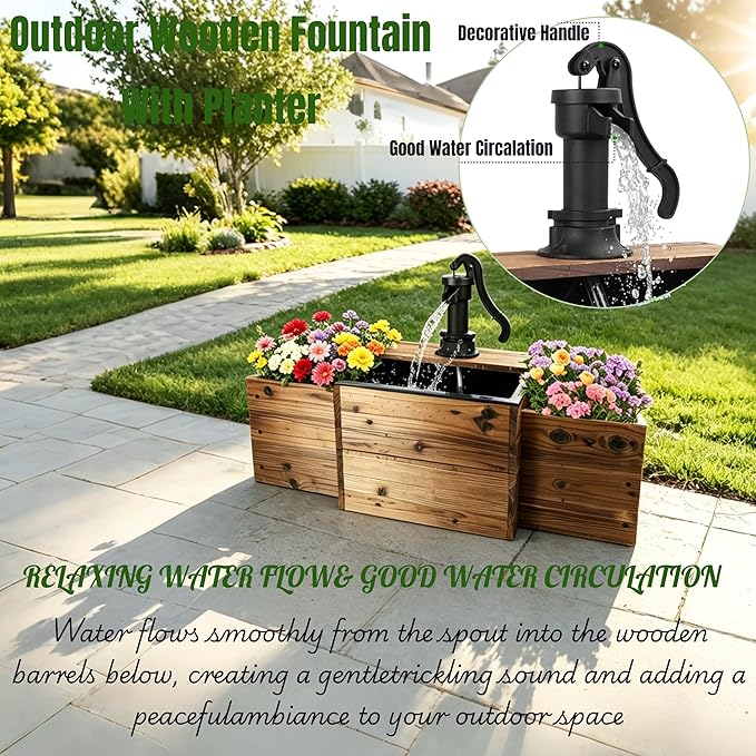 NestNature Outdoor Water Fountain,Floor Wooden Rectangular Pump Old-Fashioned Fountain with Flower Box, Solar-Powered Electric Decorative Hand Pump, Outdoor Water Feature for Garden Patio Backyard