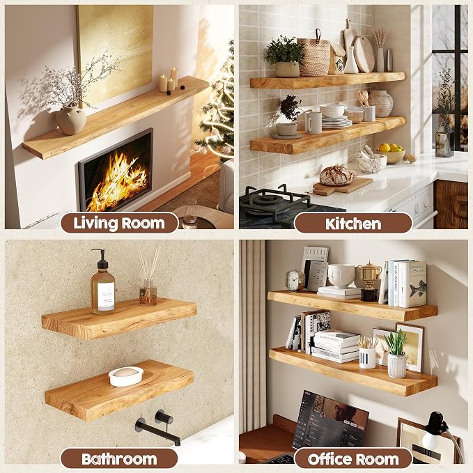 fuqing Live Edge Floating Shelves for Wall, 72 Inch Solid Elm Wood Shelves