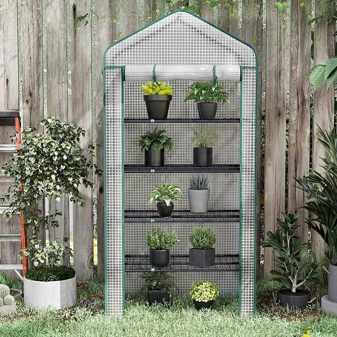 Outsunny 5 Tier Mini Greenhouse, 76" x 35.4" x 19.3" Small Portable Greenhouse with Reinforced PE Cover, Roll-Up Zippered Door, for Indoor Outdoor Garden Yard Backyard, White
