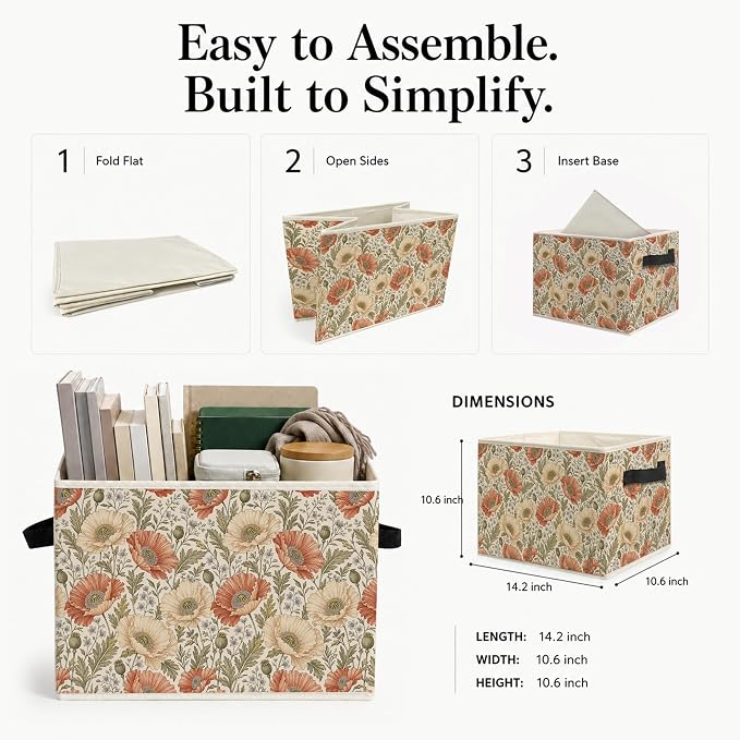 Vintage Poppy Floral Storage Bins Box with Handles