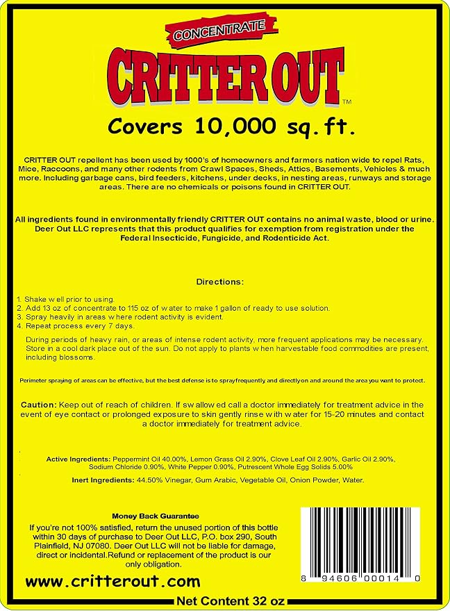 Mouse & Rat Repellent: Rodent Repellent: Critter Out 32oz Concentrate | Mouse & Rat repellent, Peppermint Oil Repellent, Get Rid of Rats, Prevent Nesting, Stops Chewing, Protect Engine Wiring