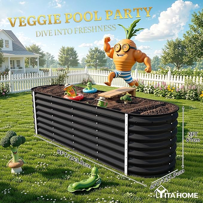 YITAHOME 2pcs 8x2x2ft Large Raised Garden Bed Kit, 24" Tall 9 in 1 Galvanized Metal Planter Box with Gloves and Safety Rubber, Outdoor Above Ground Planters for Plants Vegetables Flowers, Black