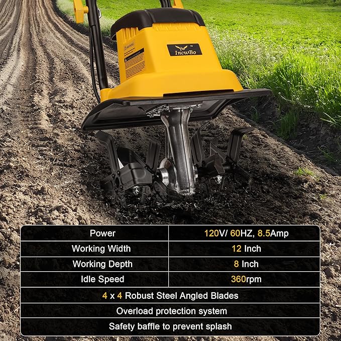 IncwBo 8.5AMP 12Inch Corded Tiller Cultivator 8-inch Depth Rototillers for Gardening, 360RPM Electric Garden Tiller with LT-201D Socket