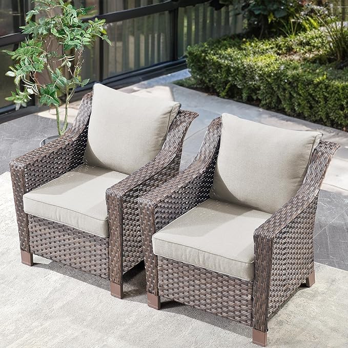 Outdoor Wicker Patio Chairs Set of 2 - Heavy Duty Outside Modern PE Rattan Lawn Chair for Front Porch Balcony Backyard Yard Deck Poolside Apartment – Brown/Beige
