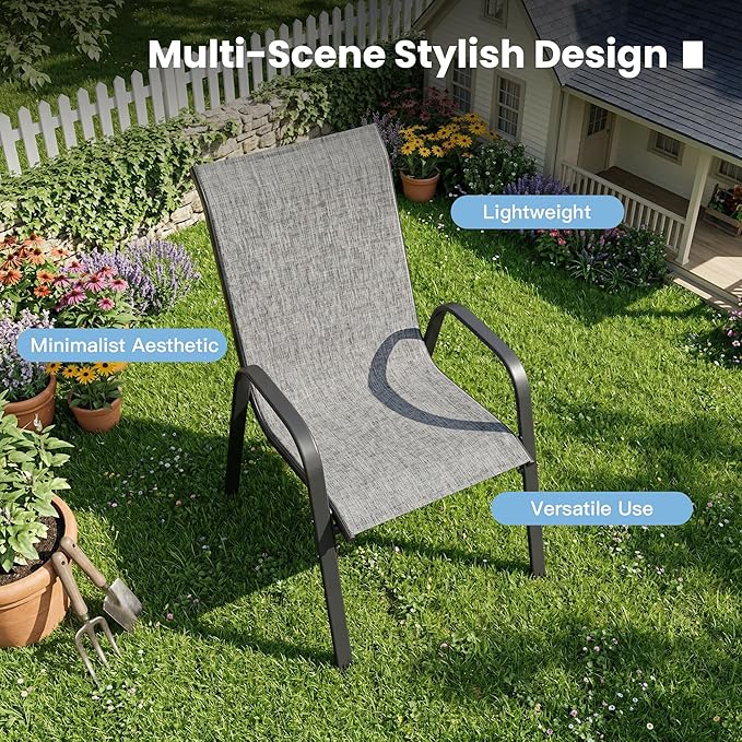DIFY Patio Chairs Set of 6, Stackable Outdoor Dining Chairs Set with Breathable Textilene High Back and All-Weather Metal Frame for Garden, Backyard, Deck, Grey