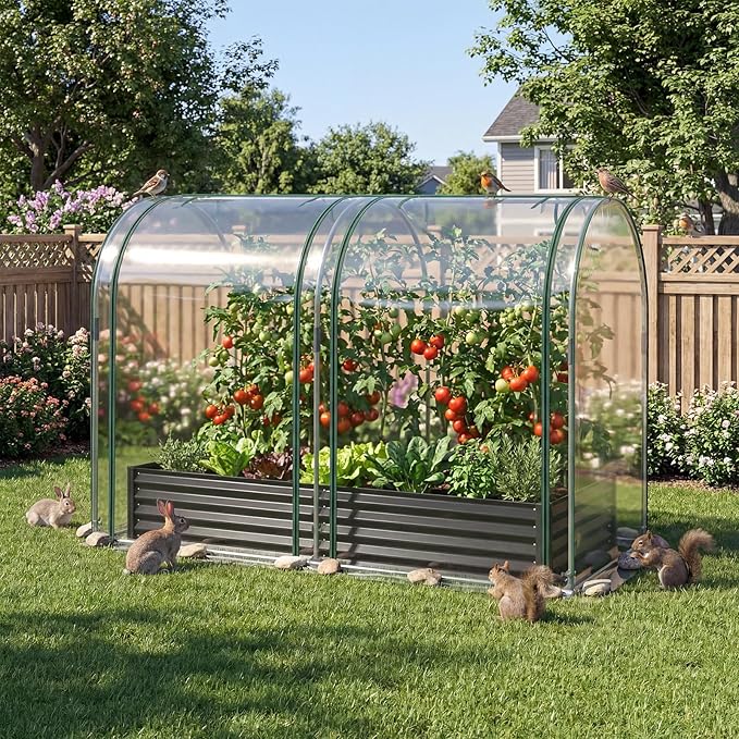 Giantex Galvanized Raised Garden Bed with Greenhouse Cover, 6x3x1 FT Outdoor Metal Oval Tall Planter Box with 2 Roll-up Windows, Clear PVC Mini Greenhouse for Vegetables Flowers Herbs Patio (Black)