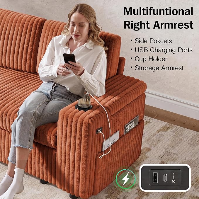 Vipbear 108" Modular Sectional Sleeper Sofa with Pull Out Bed, 4 Seat Plush Corduroy U Shaped Couch with USB Ports|Cup Holders|Side Table|Storage Chaise Armrests, Tool Free Assembly, Orange
