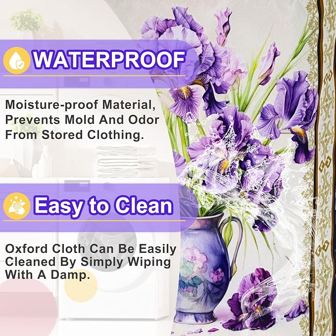 Purple Iris Flower Laundry Basket Oxford Cloth Floral Hamper 18.9 x 16.5 In