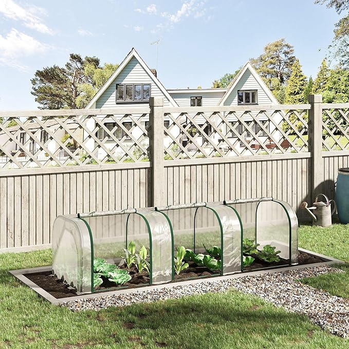 Season Extender Mini Greenhouse 10' x 3' Tunnel, with Roll-Up Zippered Doors & Clear UV Cover on Steel Frame, for Early Start and Late Harvest Gardening