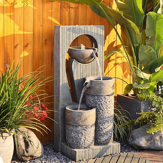 Tankana Outdoor Water Fountain Garden Waterfall - Large Zen Indoor Fountains Modern Freestanding Water Features with Lights and Pump for Patio Yard Deck Porch Pool Gray