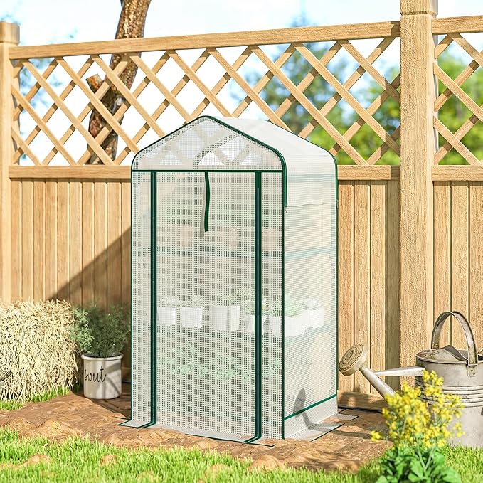 Outsunny 3 Tier Mini Greenhouse with Screen Roof, 27.6" x 19.7" x 50", Portable Small Greenhouse with High Strength PE Cover, Roll-Up Zipper Door for Garden Yard Backyard, White