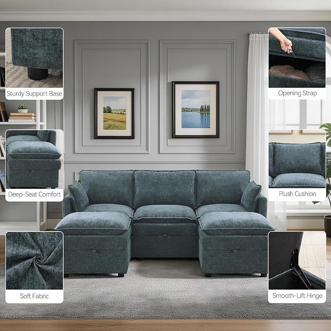 80" U Shaped Storage Modular Sectional Couch with 2 Ottomans, Deep Seat Cloud Sofa with Moveable Ottomans, Comfy Chenille Storage Couch, Modern Sofa for Living Room, Blue