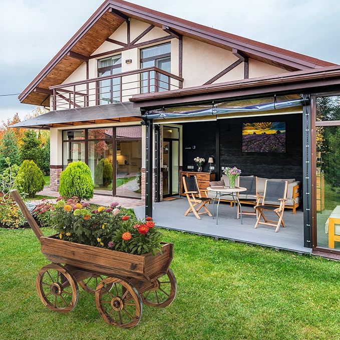 Notume Garden Wooden Decor Rustic Flower Pot,Planters Wagon Indoor Outdoor Backyard Balcony Decor,for Outside Garden Decor Wheelbarrow Planter for Patio (Wooden Wagon)