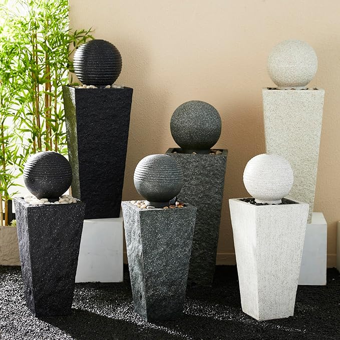 Glitzhome Outdoor Water Fountain, 31.75"H Modern Geometric Pedestal and Sphere Polyresin Waterfall Fountain, Outdoor Fountain with Pebbles, Pump and LED Light for Patio, Backyard, Garden, Deck(Black)