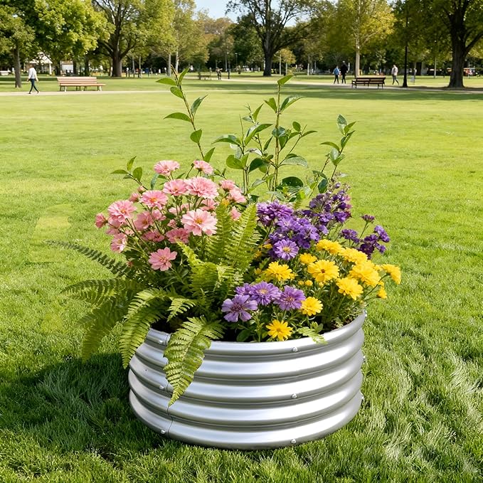 Foxlang 2x2x1ft(2 Pack) Galvanized Round Raised Garden Bed,Outdoor Planter Box Metal Patio Kit Planting Bed for Vegetables Flowers Herb,Silver