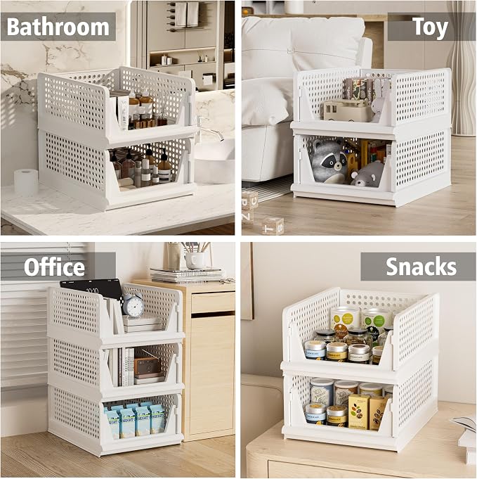 Proarea 5 Pack Stackable Storage Bins, Closet Organizers and Storage, Foldable Closet Organizer Baskets for Clothes, Plastic Drawer Bins for Closet Organization, Wardrobe Shelf, Laundry Room, White