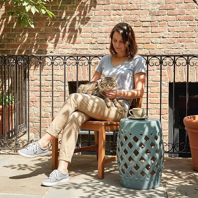 Outsunny 13" x 18" Ceramic Garden Stool with Woven Lattice Design & Glazed Strong Materials Decorative Outdoor Stool, Antique Blue
