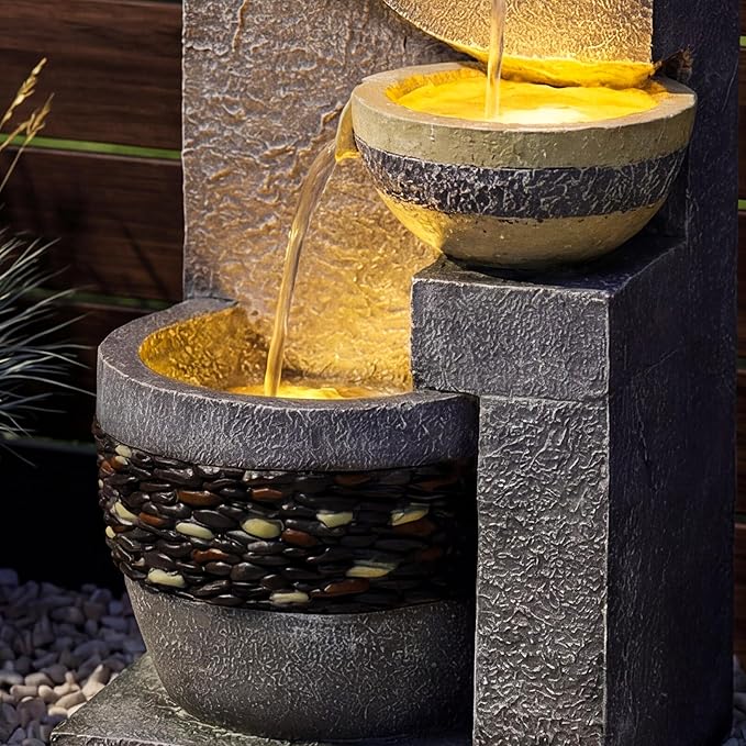31-Inch Outdoor Water Fountain, 5-Tier Cascading Bowls Stacked Stone Design Resin Waterfall Fountain with 3 LED Lights, Home Art Decor for Garden, Patio, Yard, Porch, Deck or Balcony in Gray