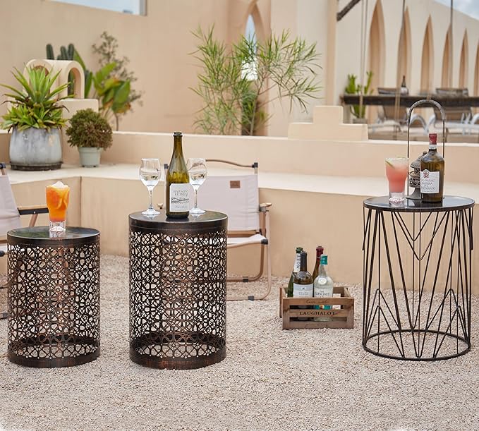 Y&M Set of 3 Stacking Coffee Table Side Table, for Living Room,Indoor End Tables for Bedroom, Outdoor Decorative Garden Stool with Heavy Duty Metal Frame Modern Industrial Decor - Black with Bronze