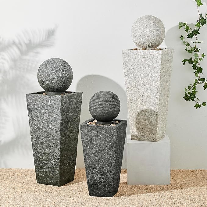 Glitzhome Outdoor Water Fountain, Outdoor Fountain with Pebbles, Pump and LED Light, 40.25" H Modern Geometric Pedestal and Sphere Polyresin Waterfall Fountain for Patio, Backyard, Garden, Deck Decor