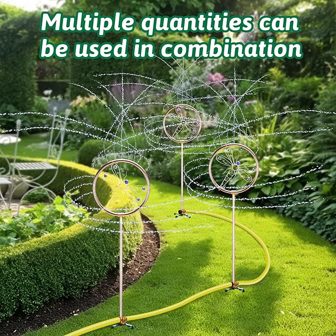 34" Tall Copper-Coated Stainless Steel Garden Sprinkler, 360° Rotating Decorative Ornamental Sprinkler for Lawn, Yard & Landscape Watering (Dragonfly)
