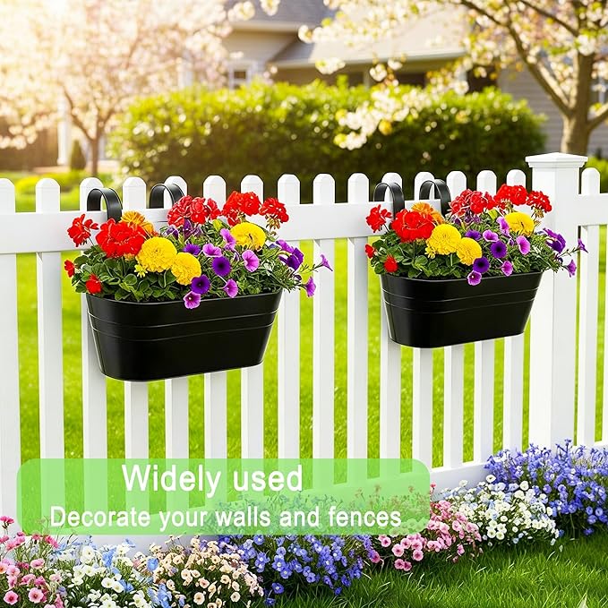 10.6 Inch 3 Pack Long Slot Wrought Iron Hanging Flower Pots Small Metal Hanging Flower Basket with Removable Hooks and Drainage Holes Suitable for Porch Railing Balcony Fence Garden (HS)