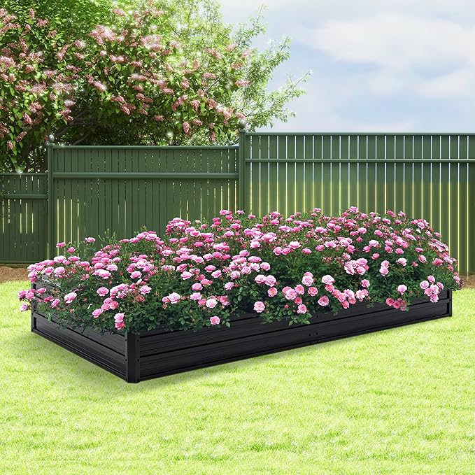 Thanaddo Galvanized Raised Garden Bed 8x4x1ft Outdoor Planter Box Galvanized Steel Garden Bed Kit for Vegetables, Flowers, Herbs and Succulents Black