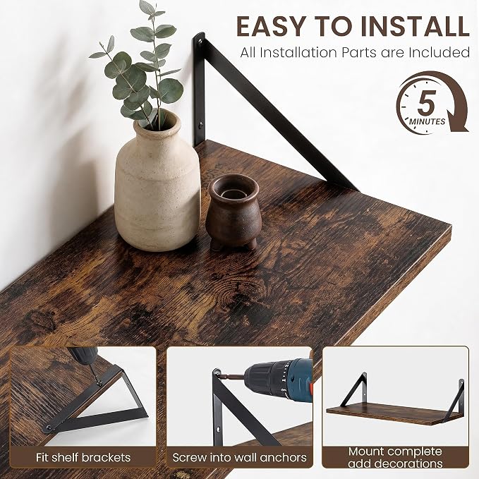 Dreamland Wall Mounted Floating Shelves Set of 3, 16x12, Rustic Brown