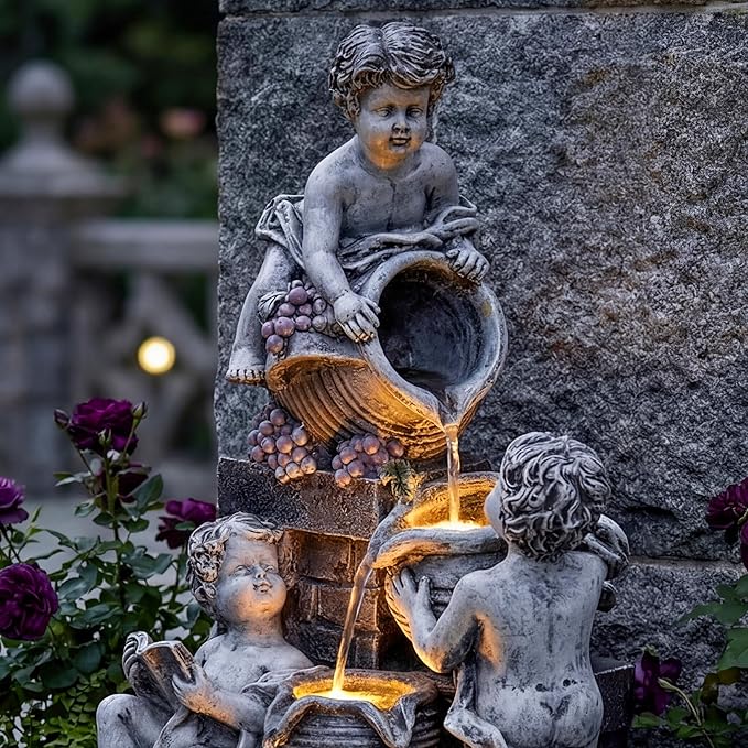 21-Inch Outdoor Water Fountain, 4-Tier Cascading Resin Cherub Garden Fountain with 3 LED Lights, European Style Decorative Water Feature for Backyard, Patio, Deck, Lawn, Balcony in Gray