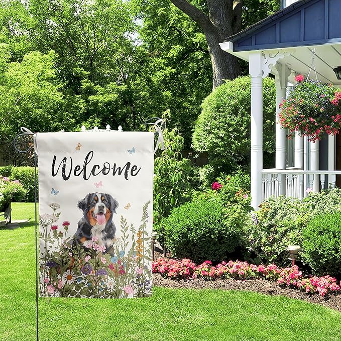 Spring Summer Garden Flag Floral Bernese Mountain Yard Flag Flower Dog Garden Flags for Outside Small Outdoor Welcome Flags 12x18 Double Sided