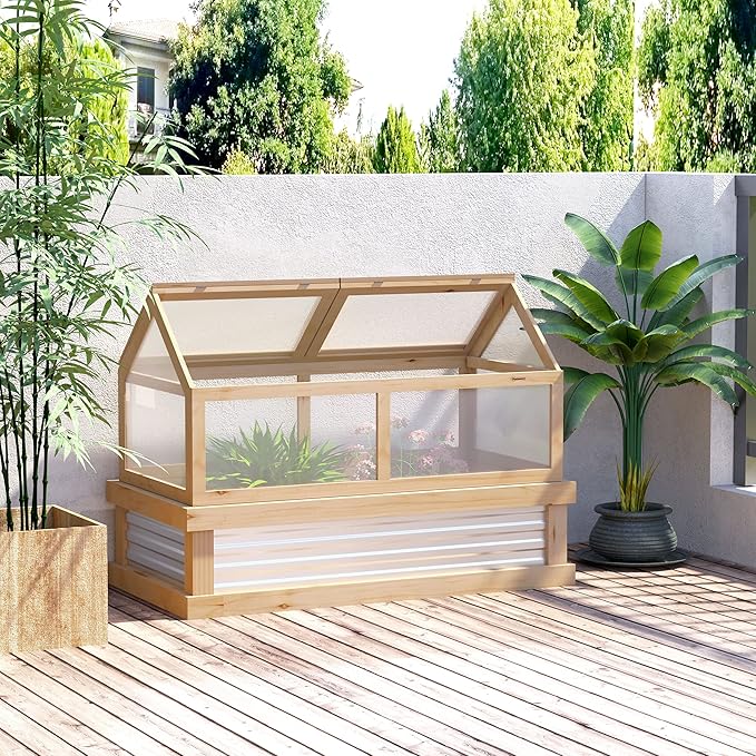Raised Garden Bed with Polycarbonate Greenhouse, Wooden Garden Cold Frame Greenhouse, Flower Planter Protection, 48" x 24" x 32", Natural