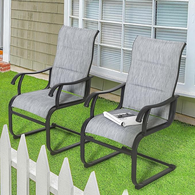 NUU GARDEN Patio Dining Chairs Set of 2, All Weather Outdoor Padded Textilene Patio Chairs, Breathable Spring Motion Textile High Back Outdoor Dining Chairs for Backyard, Lawn, Deck, Grey