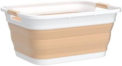 SAMMART 41L (10.8 gallon) Collapsible Plastic Laundry Basket - Foldable Pop Up Storage Container/Organizer - Portable Washing Tub - Water capacity: 32L (8.4 gallon) (Rectangular, White/Beige)