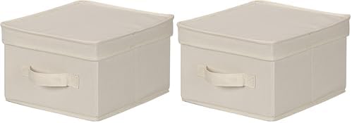 Household Essentials 111 Storage Box with Lid and Handle - Natural Beige Canvas - Medium,Natural Trim (Pack of 2)