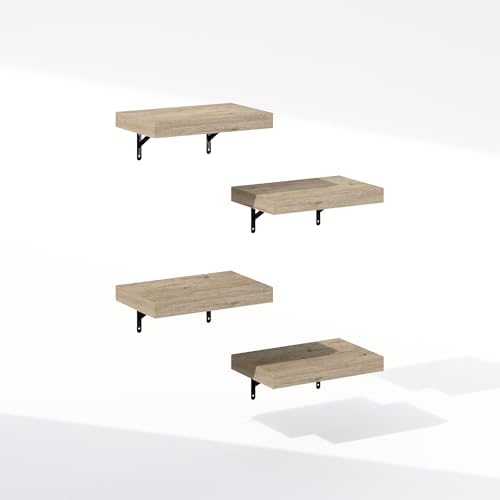 Furinno Tanna Floating Shelves for Wall Set of 4, 15-Inch Bathroom Wall Shelf, Wall Mounted Shelf, for Bathroom Organizers and Storage, Living Room, Natural