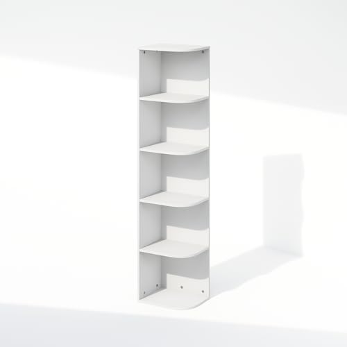Furinno Reed Corner Shelf, 5-Tier Corner Bookshelf, Book Shelf, Corner Shelves, Storage Rack, for Organization and Storage, Home Office, Living Room, White