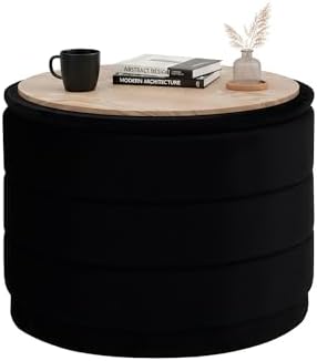 B FSOBEIIALEO 22.83" Round Velvet Storage Ottoman with Tray, Black