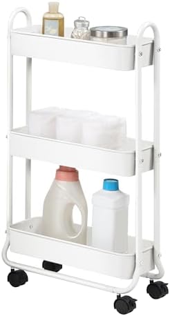 SunnyPoint Slim Rolling Storage Cart, 3 Tier Bathroom Storage Organizer Bathroom, Laundry Utility Cart (White)