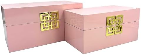 Galt International Storage Box Set Decorative Storage Box w/Hinged Lid Classic Design Wood Decor Boxes with Geometric Clasp Storage for Bedroom & Home - Set of 2 (Pink & Gold)