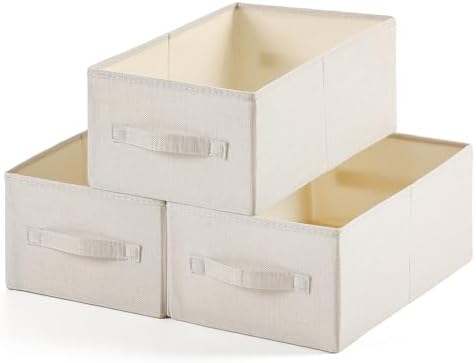 Linen Folding Storage Bins, 3 Pack Large Storage Baskets, Washable, Clothing Storage Bins with Handle, Closet Organizer for Storage Sweater,Sheets (Beige, 16" x9½x6¾)