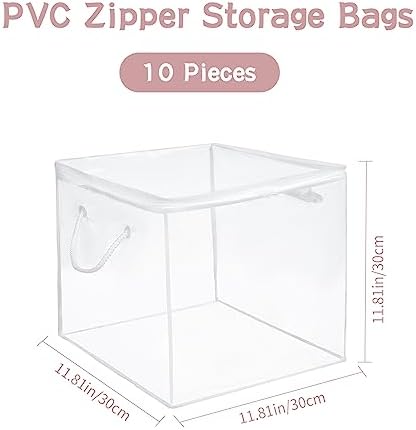 10-Pack Clear Zippered Storage Bags with Handles, Two-Way Zipper Foldable Closet Organizer, Bed Sheet Organizer, Plastic Storage Bin for Clothes, Towels
