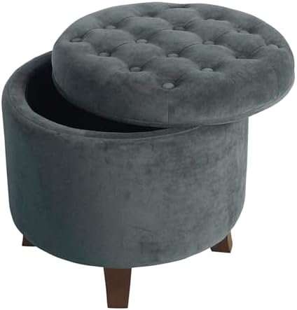 Homepop Home Decor | Upholstered Round Velvet Tufted Foot Rest Ottoman | Ottoman with Storage for Living Room & Bedroom | Decorative Home Furniture, Dark Gray Small