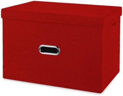 Large Linen Fabric Foldable Storage Bins with Removable Lid and Handles, Washable Storage Box Organizer Containers Baskets Cube with Cover for Bedroom,Office(Red, XXL)