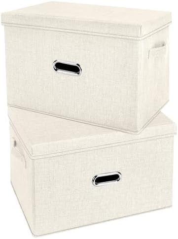 Large Linen Fabric Foldable Storage Bins with Removable Lid and Handles, Washable Storage Box Organizer Containers Baskets Cube with Cover for Bedroom,Office(Cream, Medium(2-Pack))