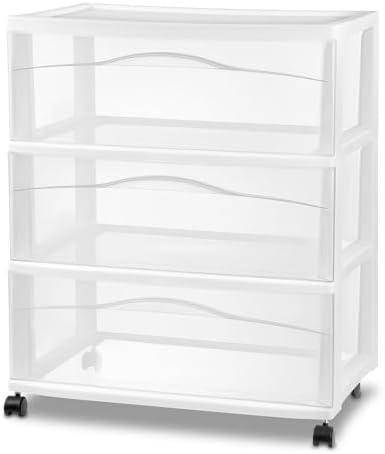 Sterilite Wide 3-Drawer Cart with Wheels for Bedroom and Dresser, 3-Pack