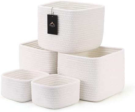 5-Pack Storage Cubes Woven Rope Baskets, 2 Sizes Organizer Bins | Ideal for Closet, Shelf, Bookshelf, Nursery, Changing Table, Cube Storage Bins, Storage Baskets for Bathroom Toy & Home