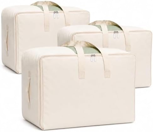 DoYiKe Soft Large Canvas Comforter Storage Bags with Four Carrying Handles and Clear Window, Closet Organizer for Clothing, Blankets Sheets Pillows and Bedding, 80L, 3 Pack, Beige