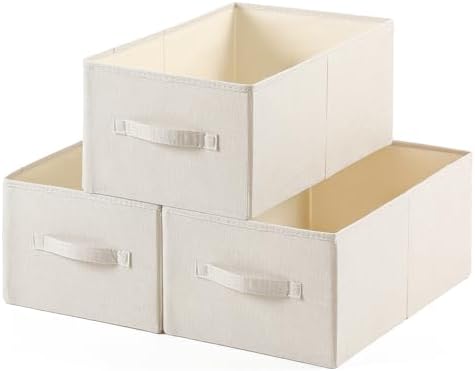 Linen Folding Storage Bins, 3 Pack Large Storage Baskets, Washable, Clothing Storage Bins with Handle, Closet Organizer for Storage Sweater,Sheets(Beige, 18½"x11 x8½)