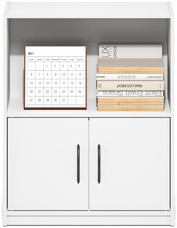 Furinno Gruen Book Shelf, 2-Tier Small Bookshelf, Bookcase with Open Shelf and Doors Storage Cabinet, 9.3 x 21.8 x 27, for Organization and Storage, for Living Room, Bedroom, Home Office, White